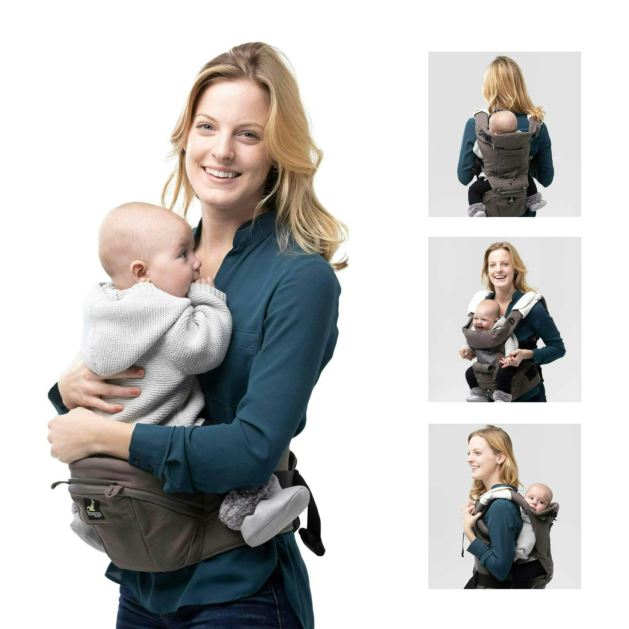 Mother holding a newborn in a grey ergonomic baby carrier providing a womb-like setting