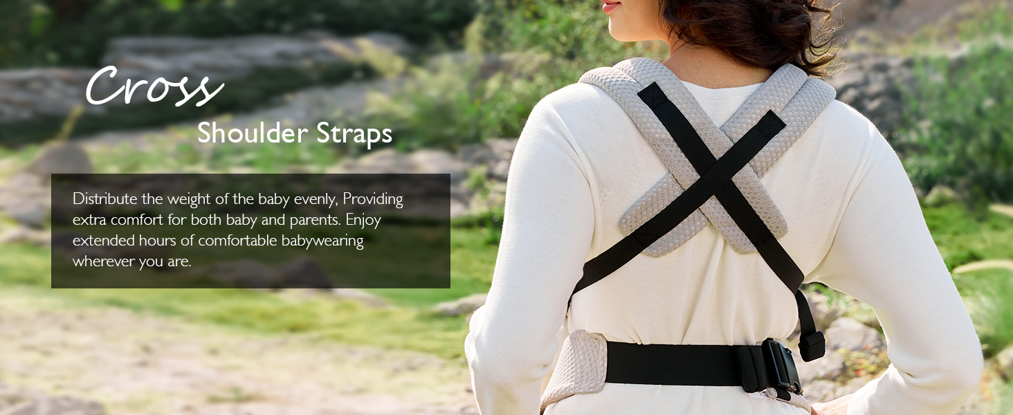 Tri-point support illustration showing padded shoulder straps and supportive EVA waist panel on baby carrier