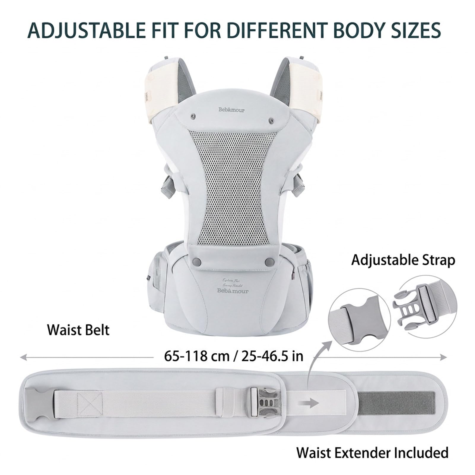 Close-up of lightweight breathable 3D mesh fabric and adjustable padded buckles on a baby carrier